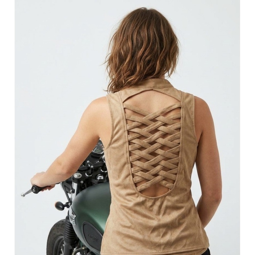 Lydia Faux Suede Vest, Polyester/Spandex, Tan, Zip Closed, Padded, Size Large